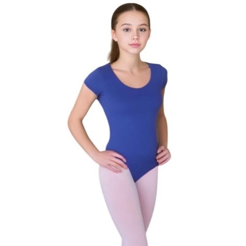 Danskin Childs S 4-6 Leotard Cobalt Royal Blue Short Sleeve Scoop Neck Dance